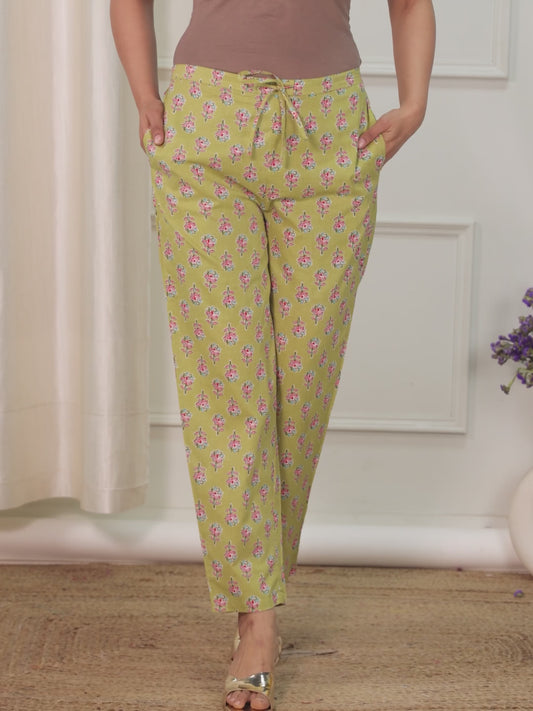 Soft Cotton Floral Green Tapered Trousers