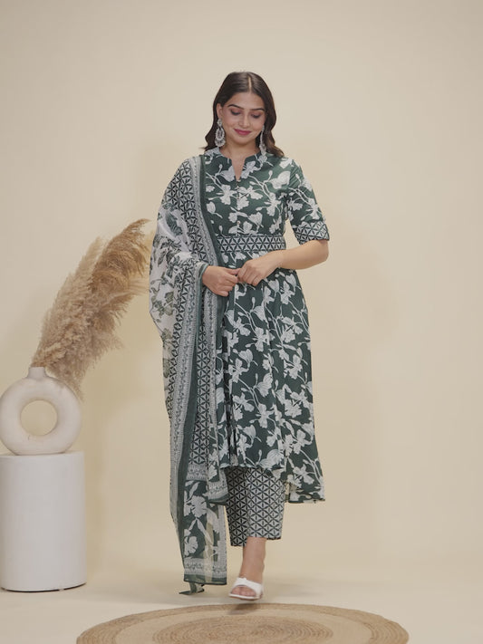 Soft Cotton Floral High Low Green Kurta