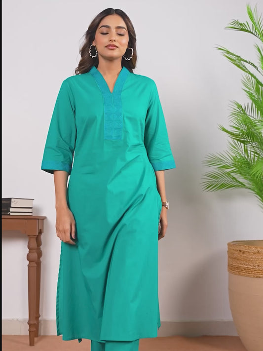 Embroidered Soft Cotton Solid Straight Green Kurta