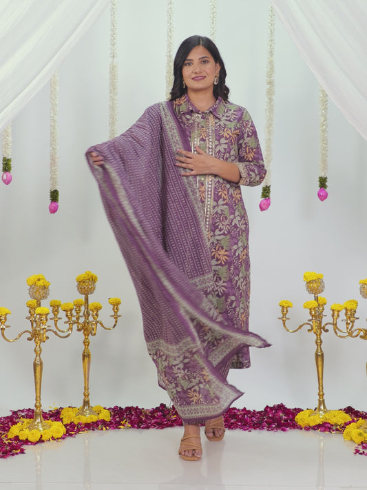 Embroidered Soft Cotton Floral High Low Purple Kurta