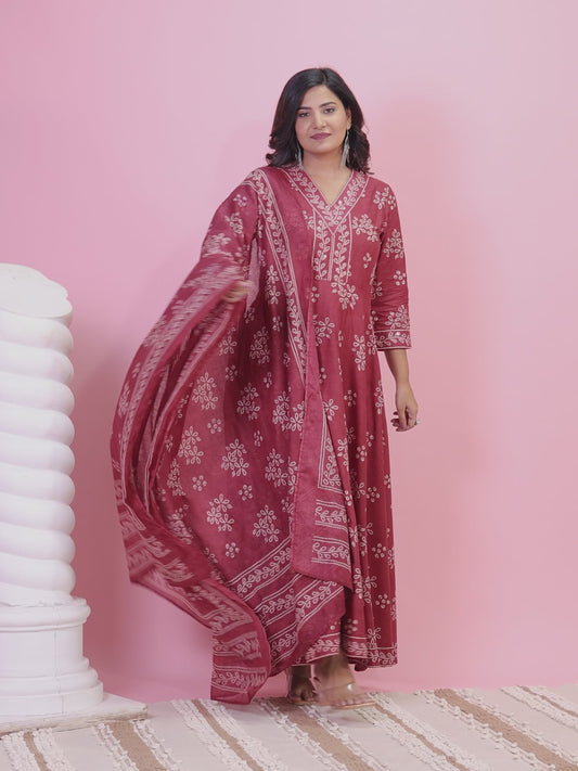 Embroidered Soft Cotton Floral Flared Maroon Kurta