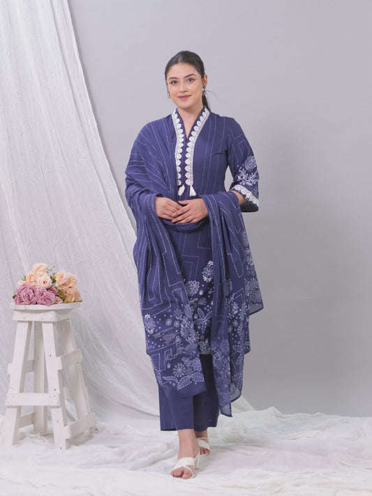Soft Cotton Placement Print A-line Blue Kurta