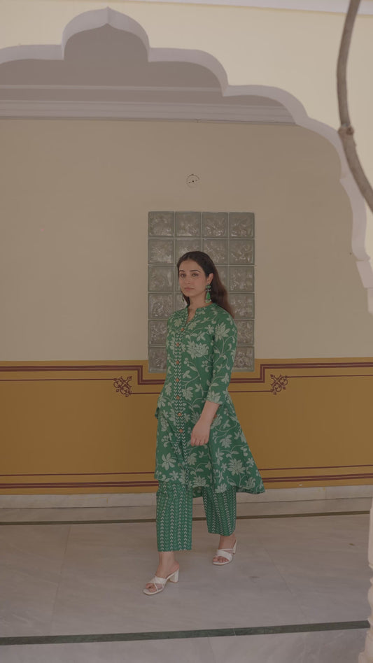 Soft Cotton Floral High Low Green Kurta