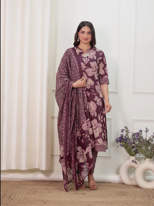 Soft Cotton Floral Straight Purple Kurta