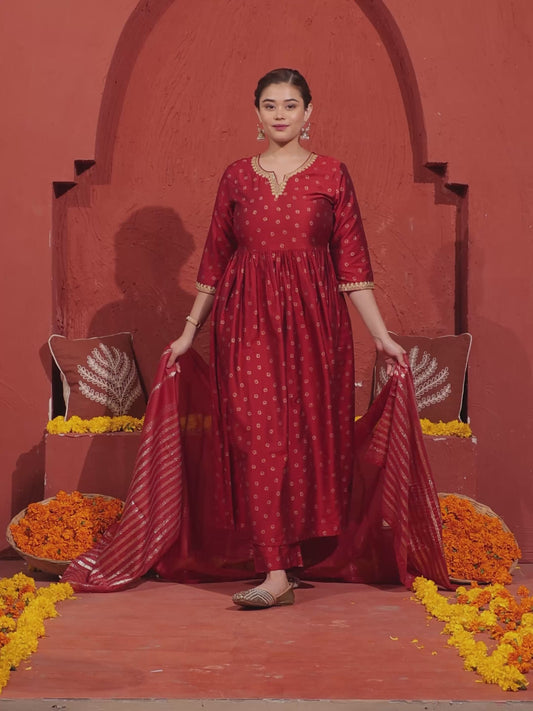 Embroidered Roman silk Gold foil Red Kurta