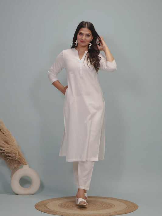 Linen Cotton Solid Straight White Kurta
