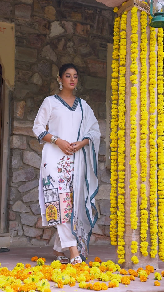 Chanderi Placement Print Straight White Kurta