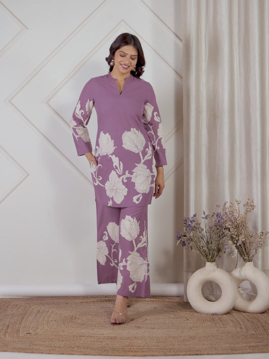 Soft Cotton Placement Print Straight Purple Coord