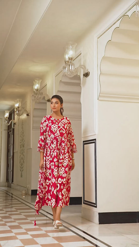 Soft Cotton Ikat Flared Red Dress (With Bag)