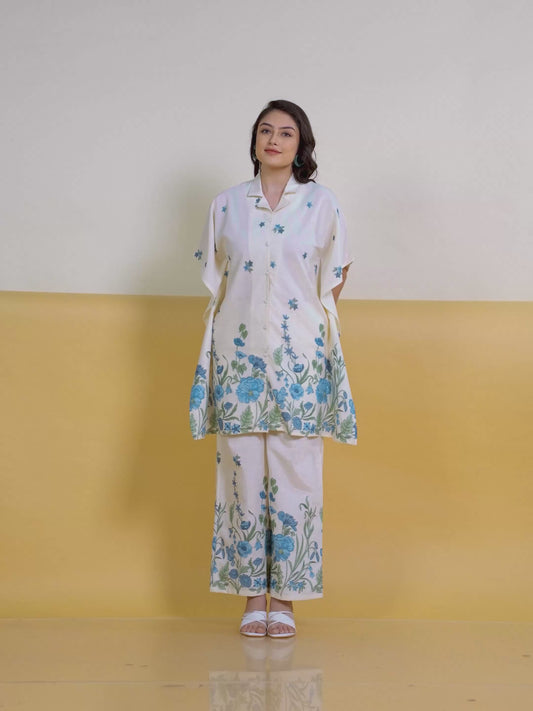 Linen Cotton Placement Print Kaftan Off White Kurta