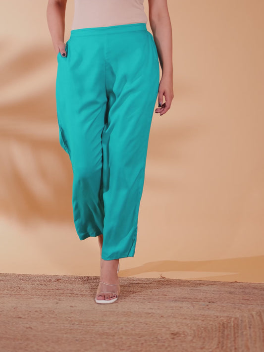 Viscose Solid Turquoise Straight Trousers