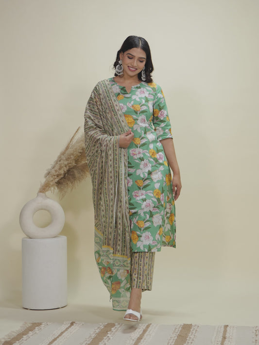 Soft Cotton Floral Straight Green Kurta