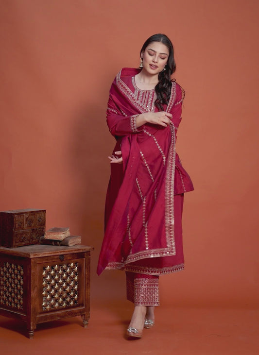 Embroidered Chanderi Solid Straight Maroon Kurta