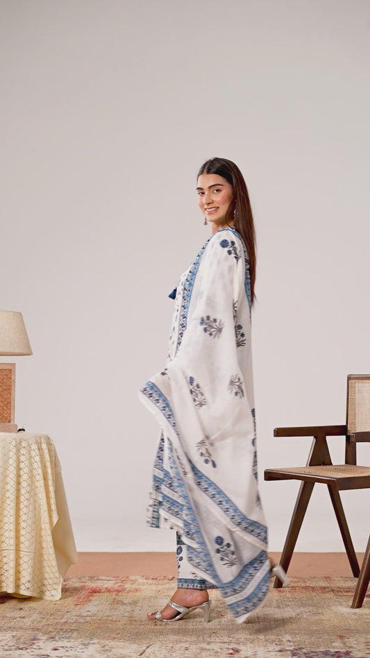 Soft cotton Floral A-line Off White Kurta