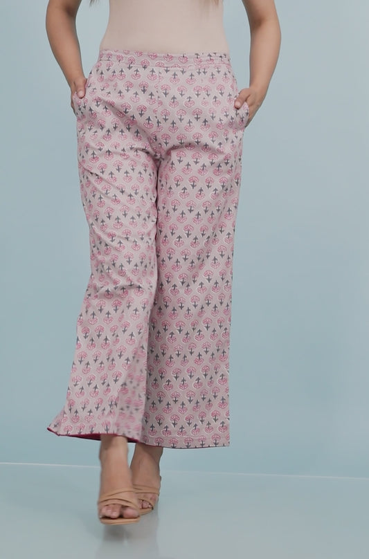 Soft Cotton Block Print Beige Flared Trousers