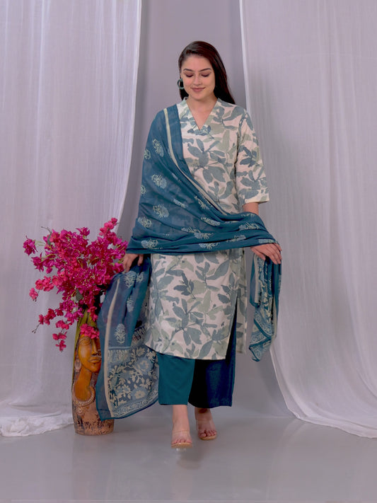 Linen Cotton Foliage Straight Green Kurta