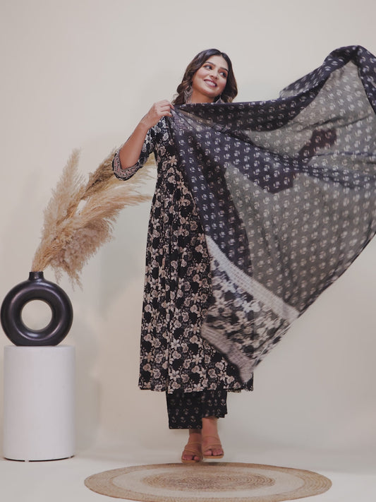 Embroidered Soft Cotton Floral Flared Black Kurta