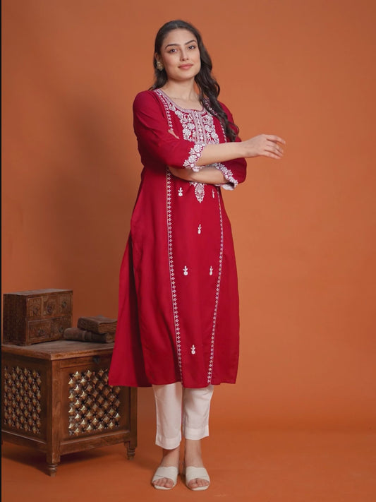 Embroidered Viscose Solid Straight Maroon Kurta