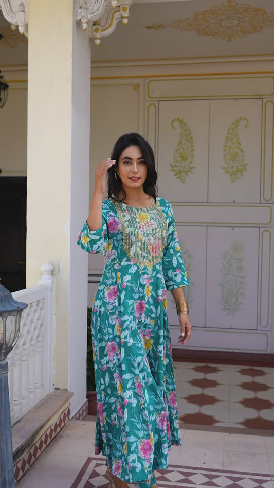 Embroidered Kantha Cotton Floral Anarkali Teal Kurta