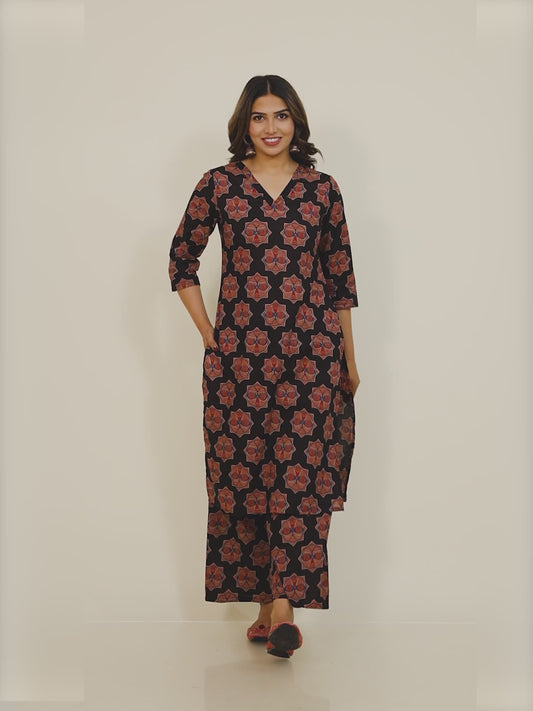Soft Cotton Ajrakh A-Line Black Kurta