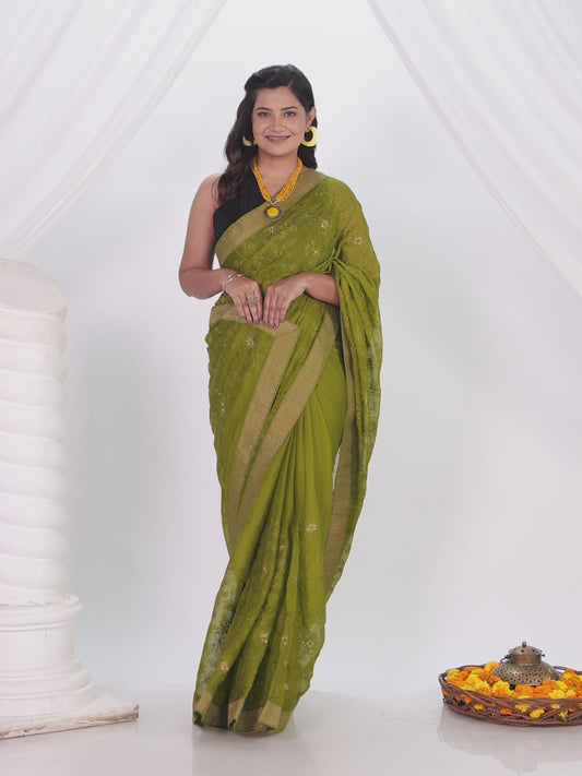 Embroidered Chanderi Green Saree