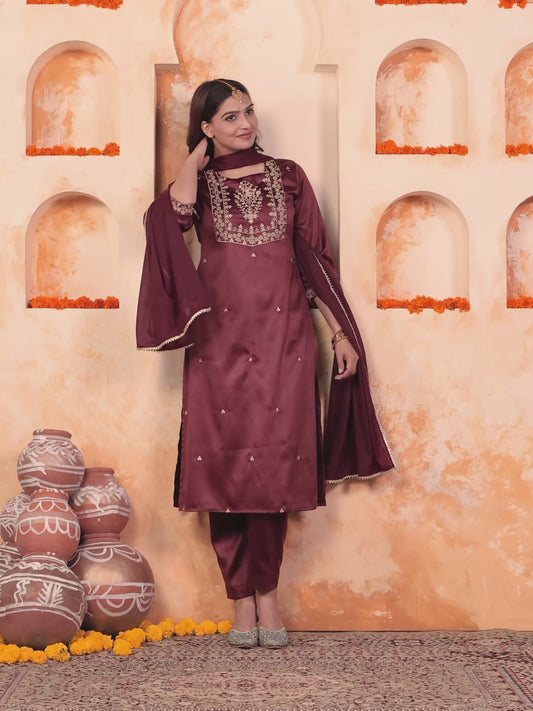 Embroidered Satin Solid Straight Maroon Kurta
