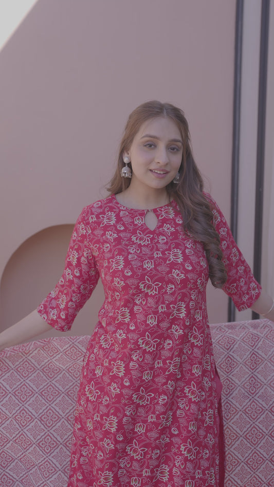 Viscose Floral Straight Red Kurta