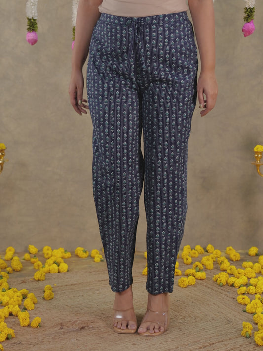 Kantha Cotton Floral Blue Tapered Trousers
