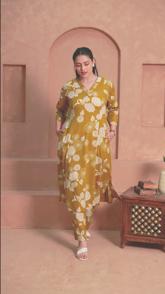 Soft Cotton Floral Flared Mustard Kurta