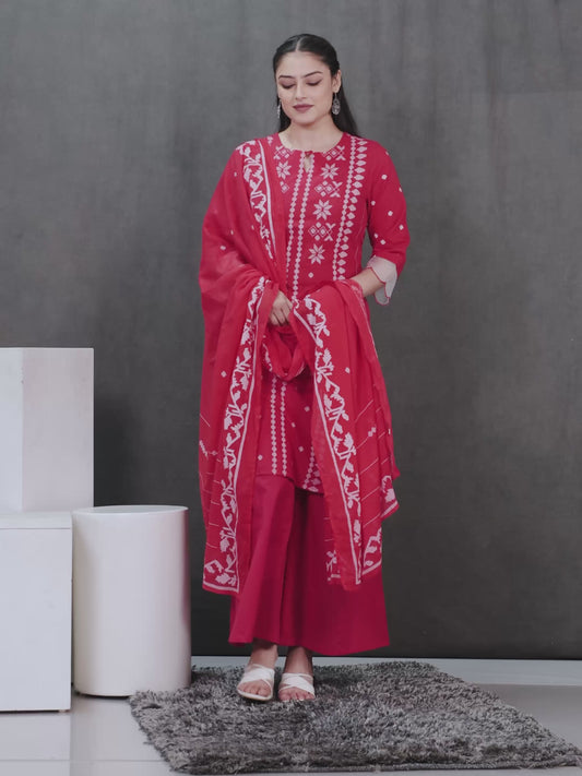 Embroidered Soft Cotton Geometric Straight Red Kurta