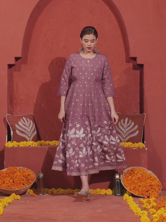 Tussar Silk Placement Print Anarkali Mauve Dress