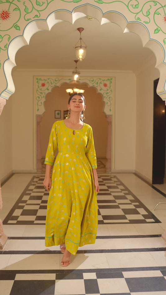 Chanderi Geometric Anarkali Lime Green Dress