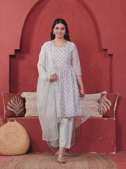 Embroidered Chanderi Floral Flared Blue Kurta