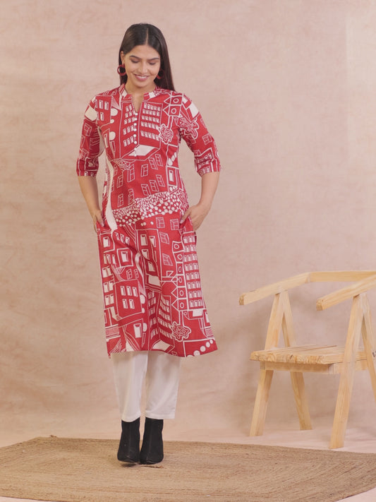 Soft Cotton Abstract Straight Red Kurta