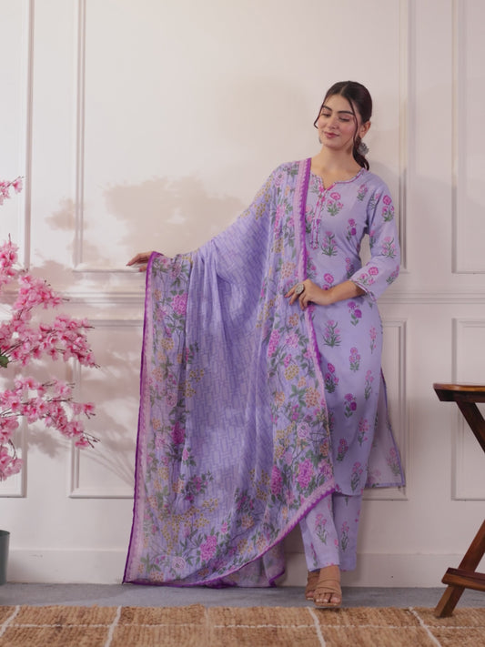 Embroidered Soft Cotton Butta Lavender Kurta