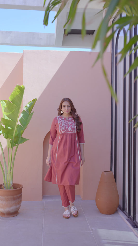 Embroidered Natural Cotton Solid Flared Rust Orange Kurta