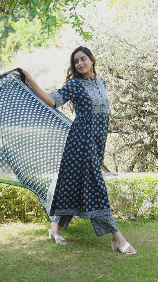 Embroidered Soft Cotton Butti Flared Navy Blue Kurta