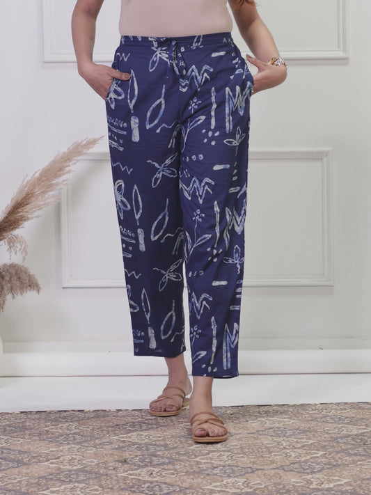 Soft Cotton Abstract Indigo Blue Tapered Trousers