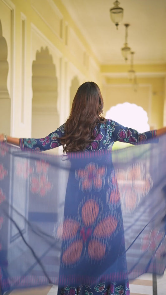 Embroidered Soft Cotton Floral Anarkali Blue Kurta