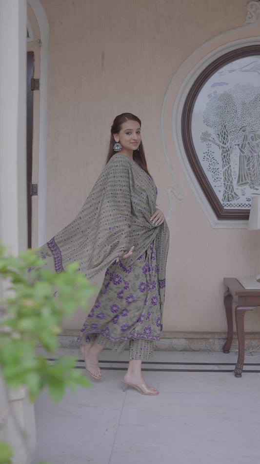 Soft Cotton Floral Flared Purple Kurta