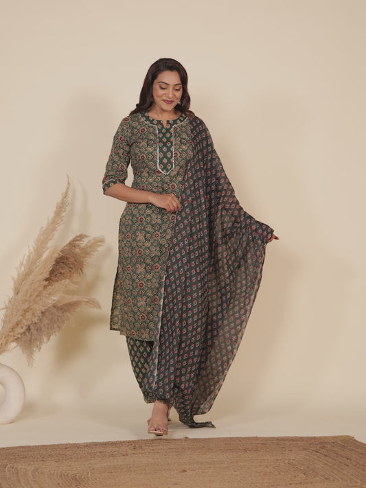 Soft Cotton Floral Straight Green Kurta