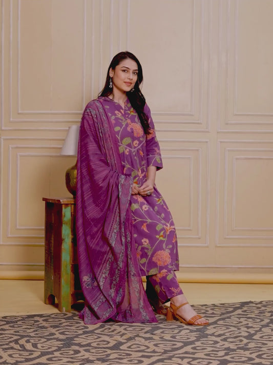 Linen Cotton Floral A-line Purple Kurta