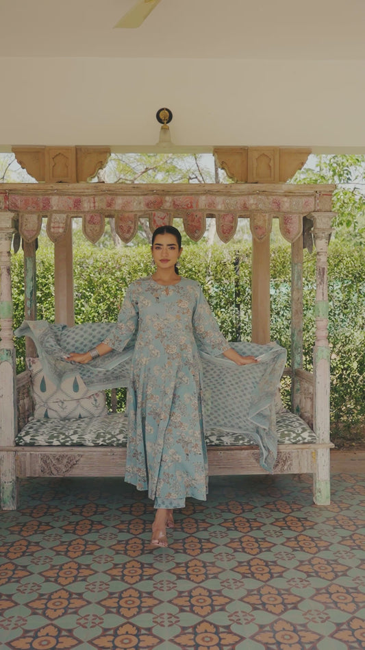 Embroidered Soft Cotton Floral Flared Blue Kurta