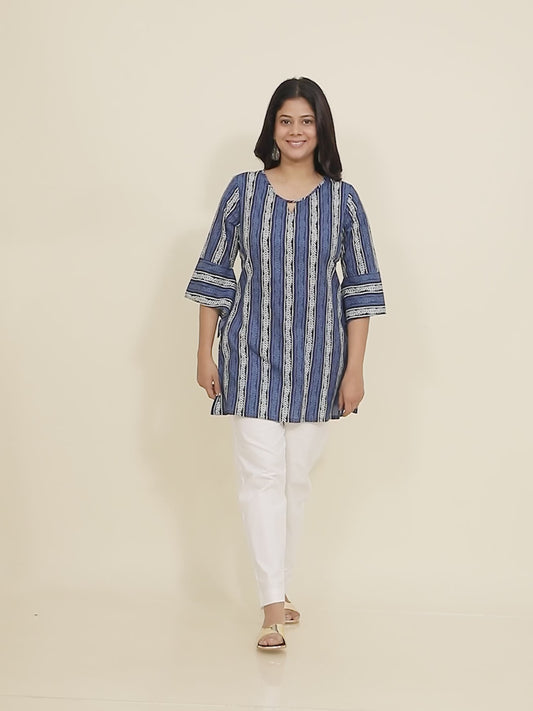 Soft Cotton Striped Straight Blue Kurti