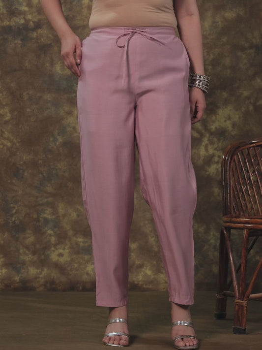 Blended Silk Solid Pink Tapered Trousers