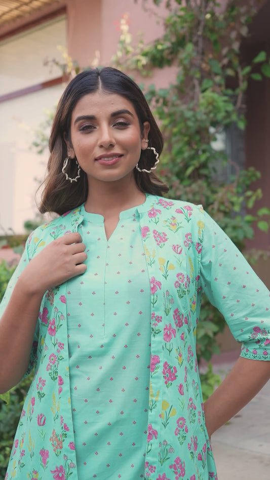 Soft Cotton Floral Straight Mint Green Kurta