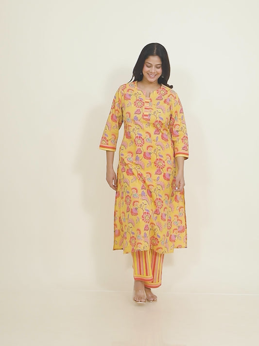 Soft Cotton Floral Straight Yellow Kurta