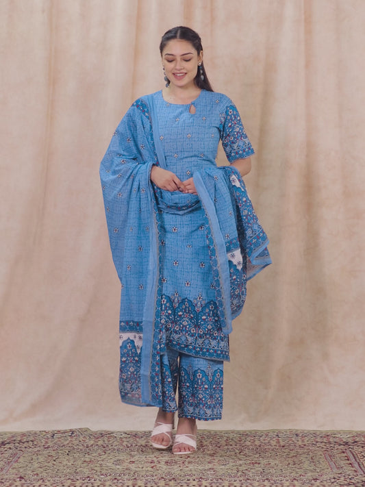 Soft Cotton Floral Straight Blue Kurta