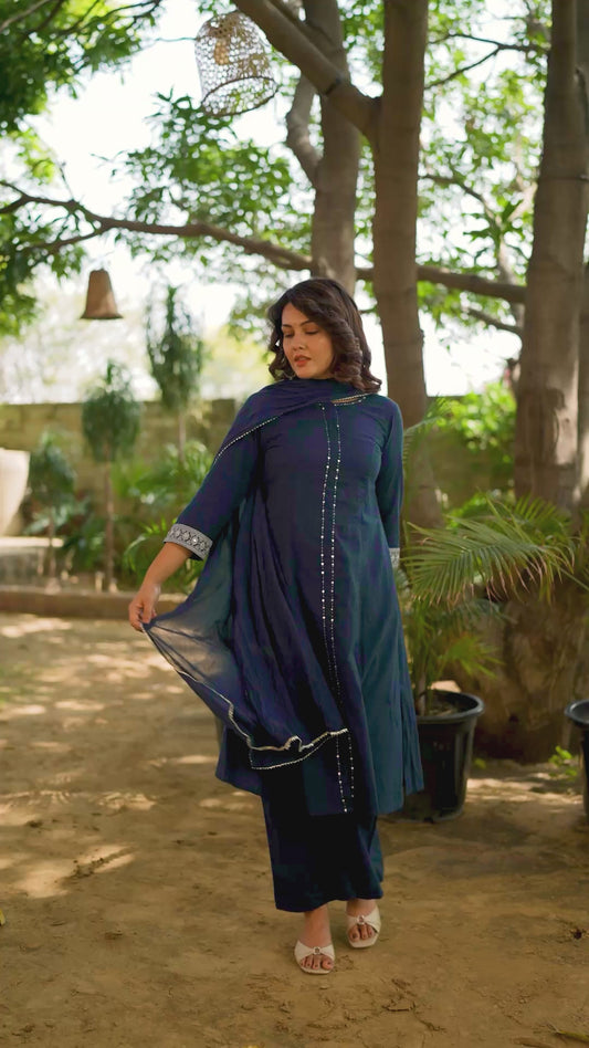 Embroidered Cotton Jacquard Solid Flared Blue Kurta