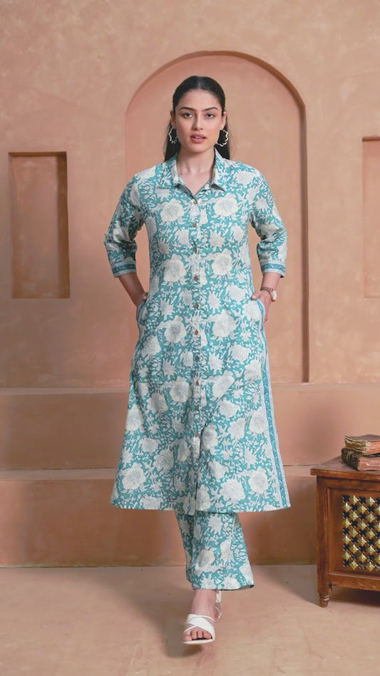 Soft Cotton Floral Flared Teal Kurta